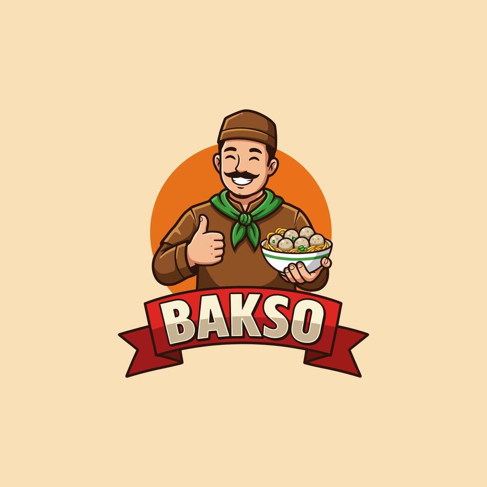 A cheerful cartoon vendor recommends a bowl of Bakso Indonesian meatballs with noodles a delicious Asian cuisine. vector