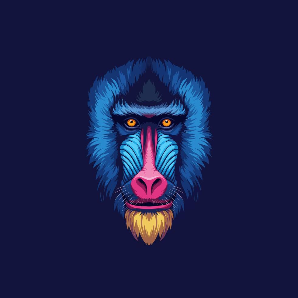 A stylized illustration depicts a mandrill's face in vibrant blue pink and yellow hues. vector