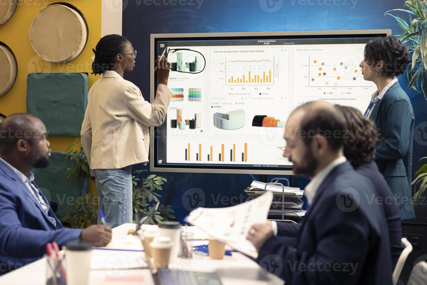Administrative team discussing agenda for upcoming events planned and coordinated, looking for expansion opportunities in a global partnership. Multinational company development. photo