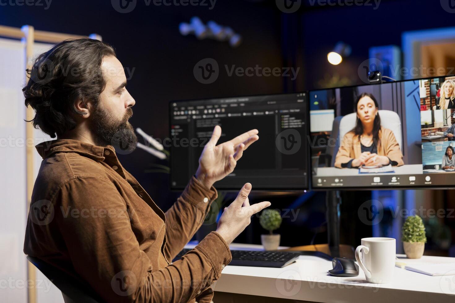 Programmer doing online tutoring, talking with students in videocall about ways to spot errors in code and do debugging. IT expert teaching trainees in teleconference how to fix coding mistakes photo