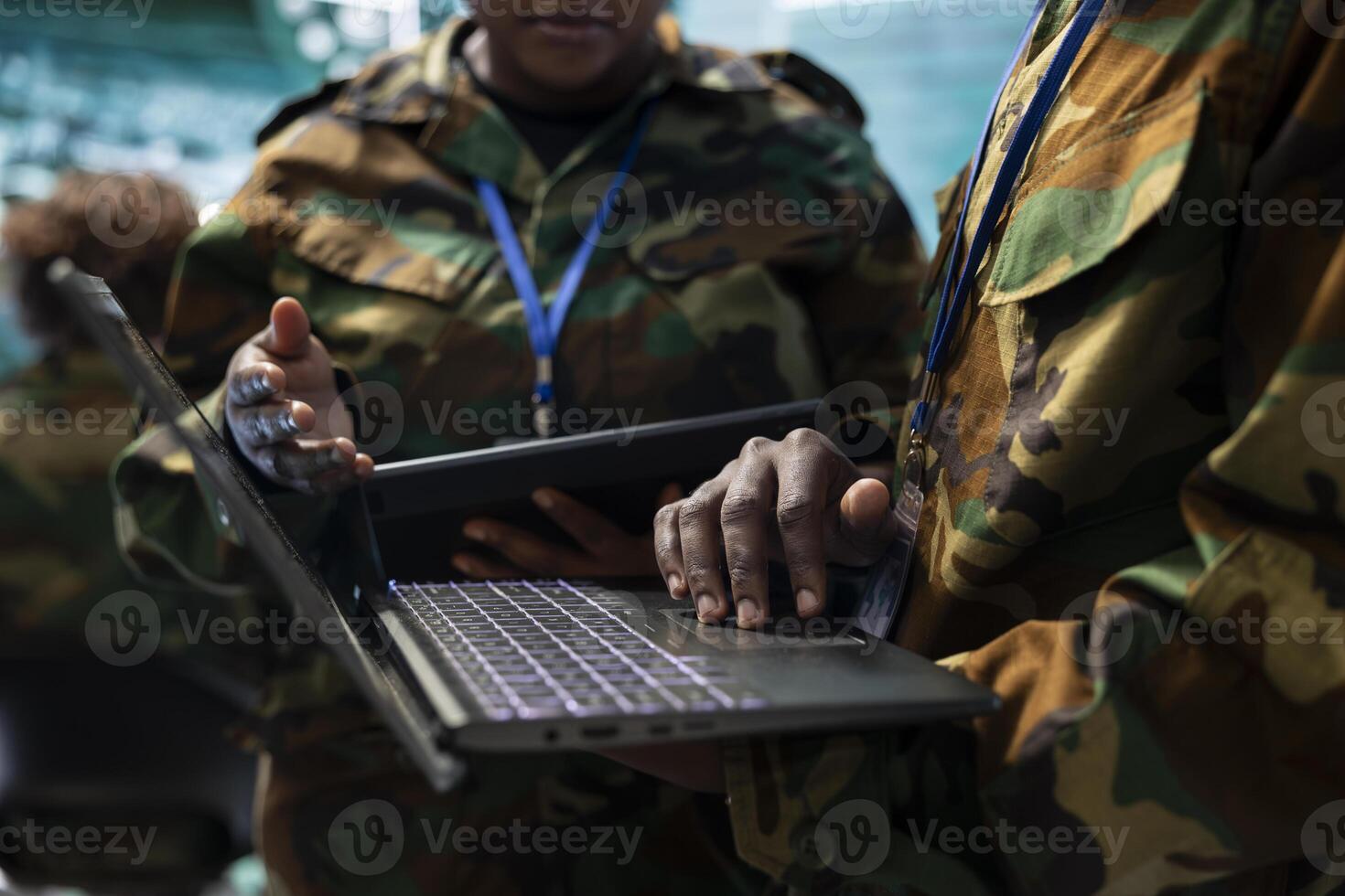 Federal defense agency personnel analyzing surveillance CCTV imagery registered on satellite, working on military drone control. Staff tracking enemy vessels, collecting real time data. Close up. photo