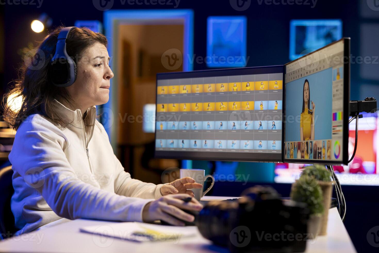 Skilled photo editor enhancing images with precision using PC software in home studio, listening music. Proficient photographer wearing headphones expertly refining pictures using editing application