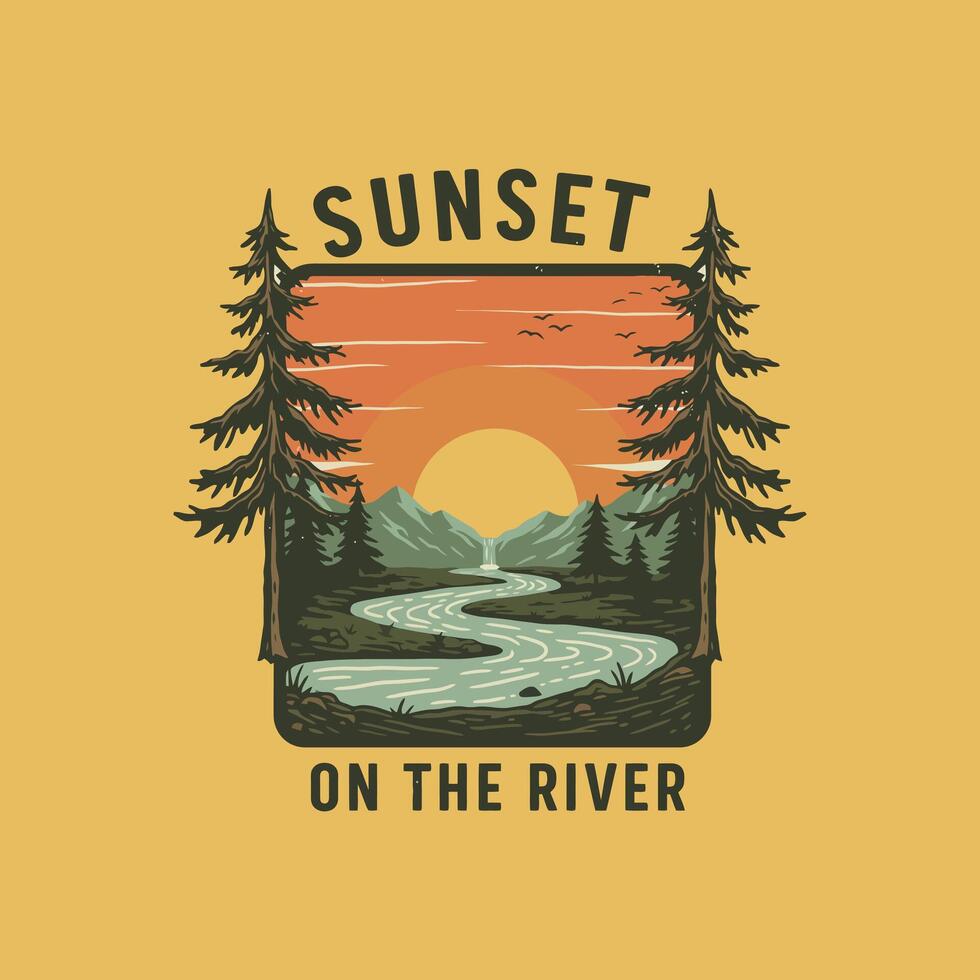 A stylized illustration depicts a tranquil river flowing through a mountain landscape at sunset, framed by evergreen trees. vector