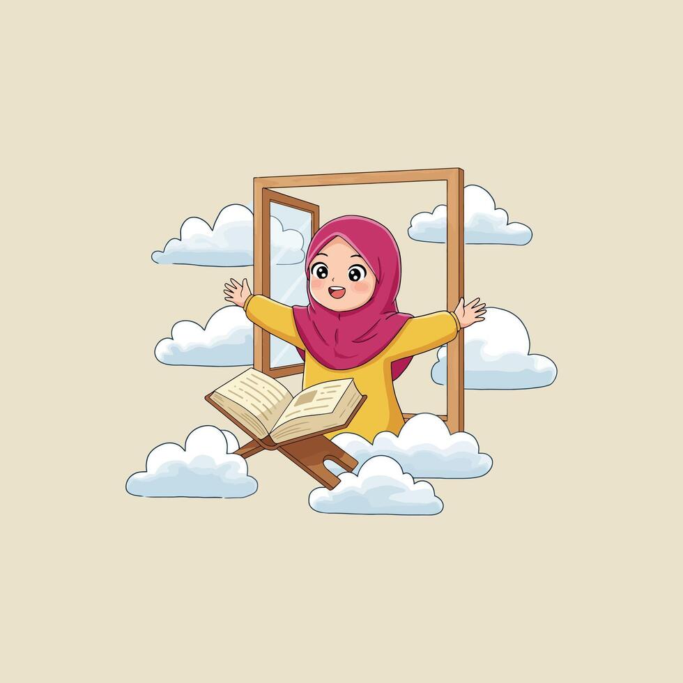 A cheerful young Muslim girl in a hijab joyfully reads the Quran from an open window surrounded by clouds. vector