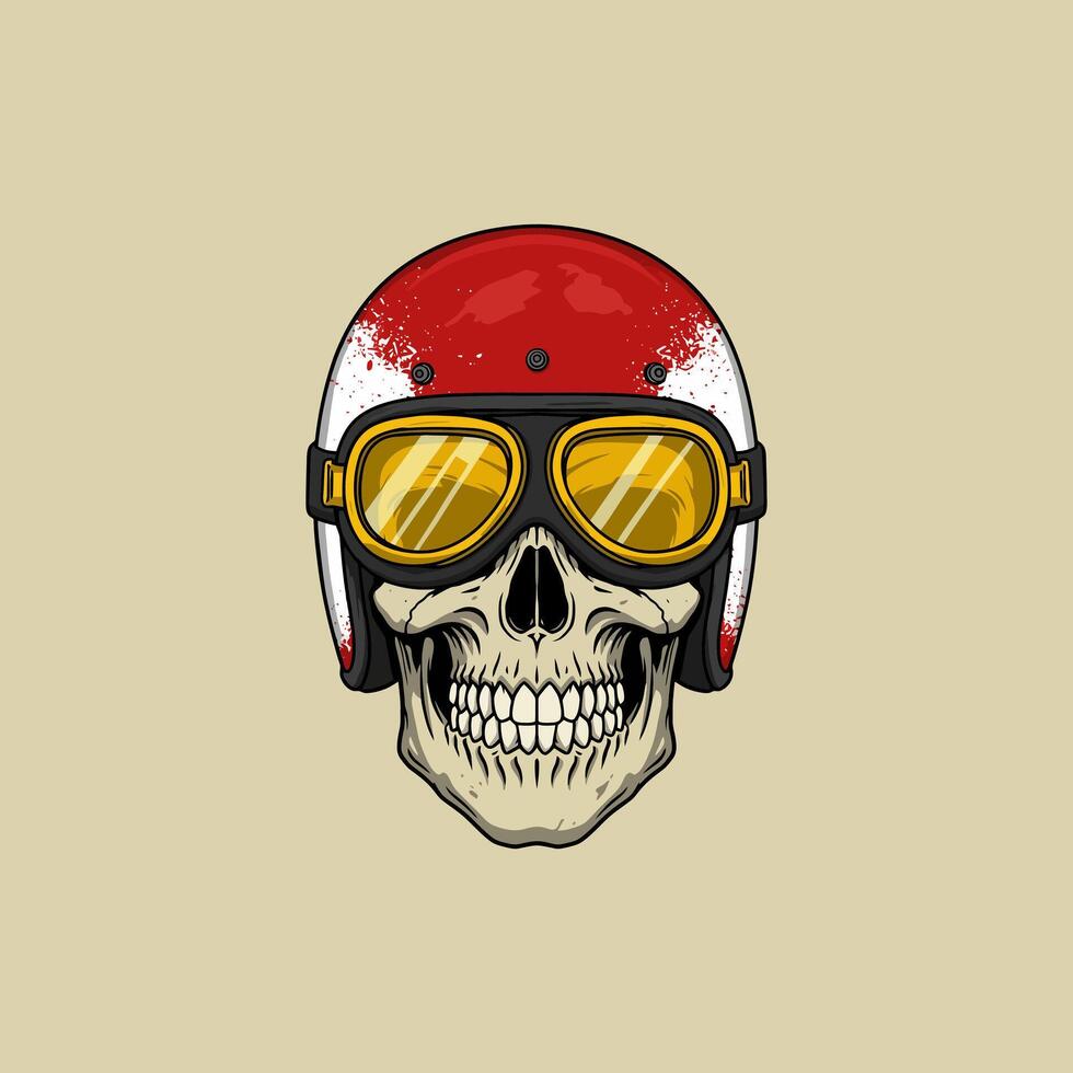A stylized illustration of a skull wearing a vintage red and white motorcycle helmet and yellow goggles. vector