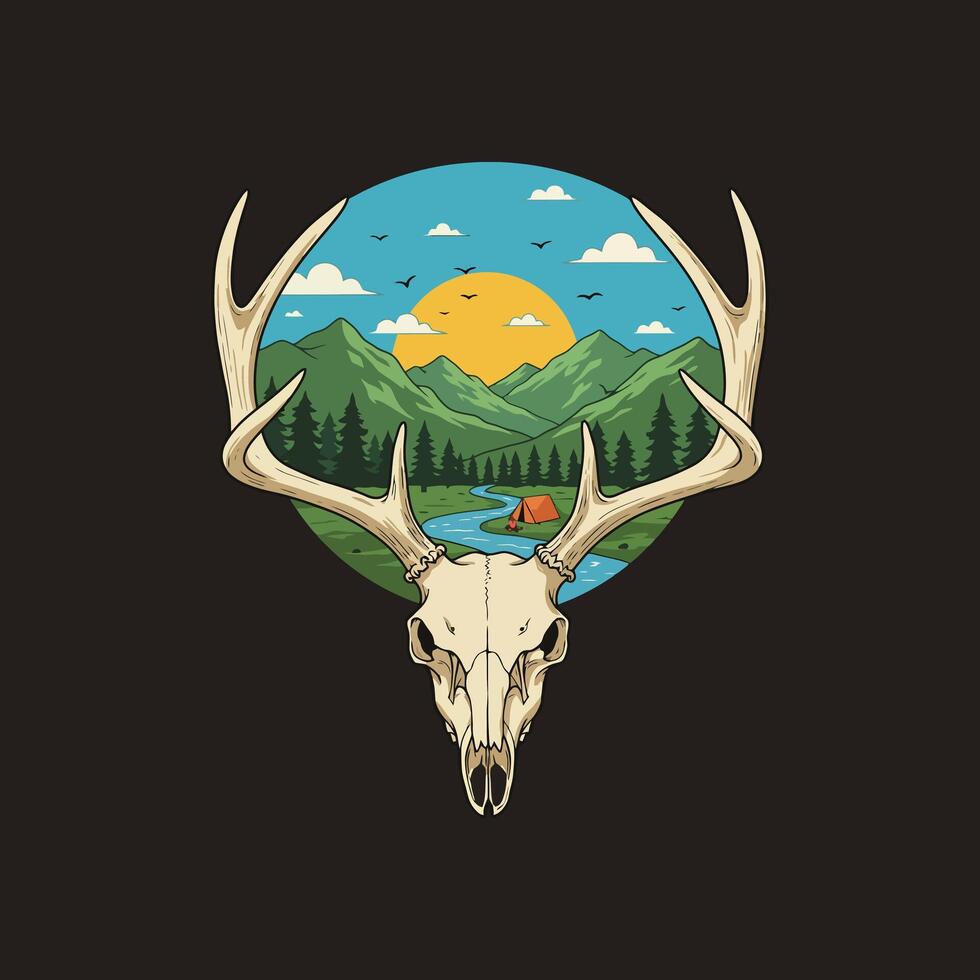 A deer skull forms a frame around a scenic mountain landscape with a river and a campsite, creating a visually striking nature scene. vector