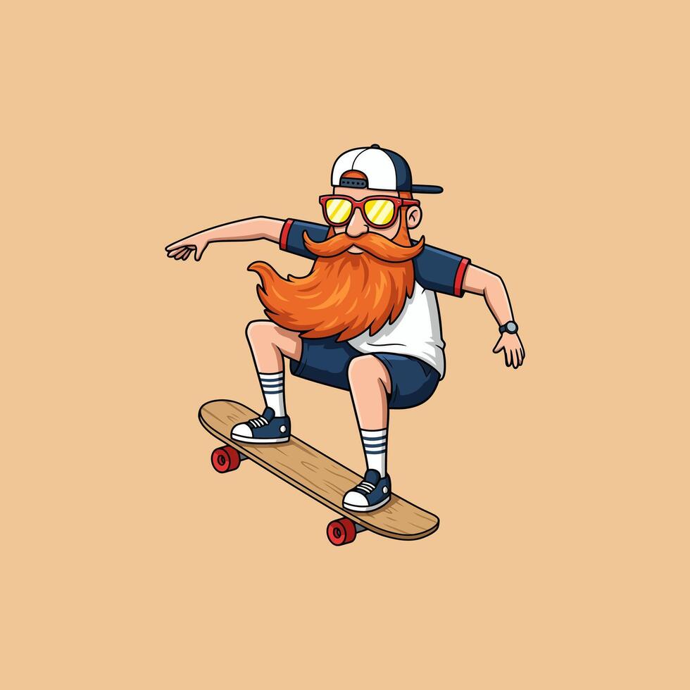 A stylish cartoon illustration of a bearded man skateboarding while wearing sunglasses and a cap. vector