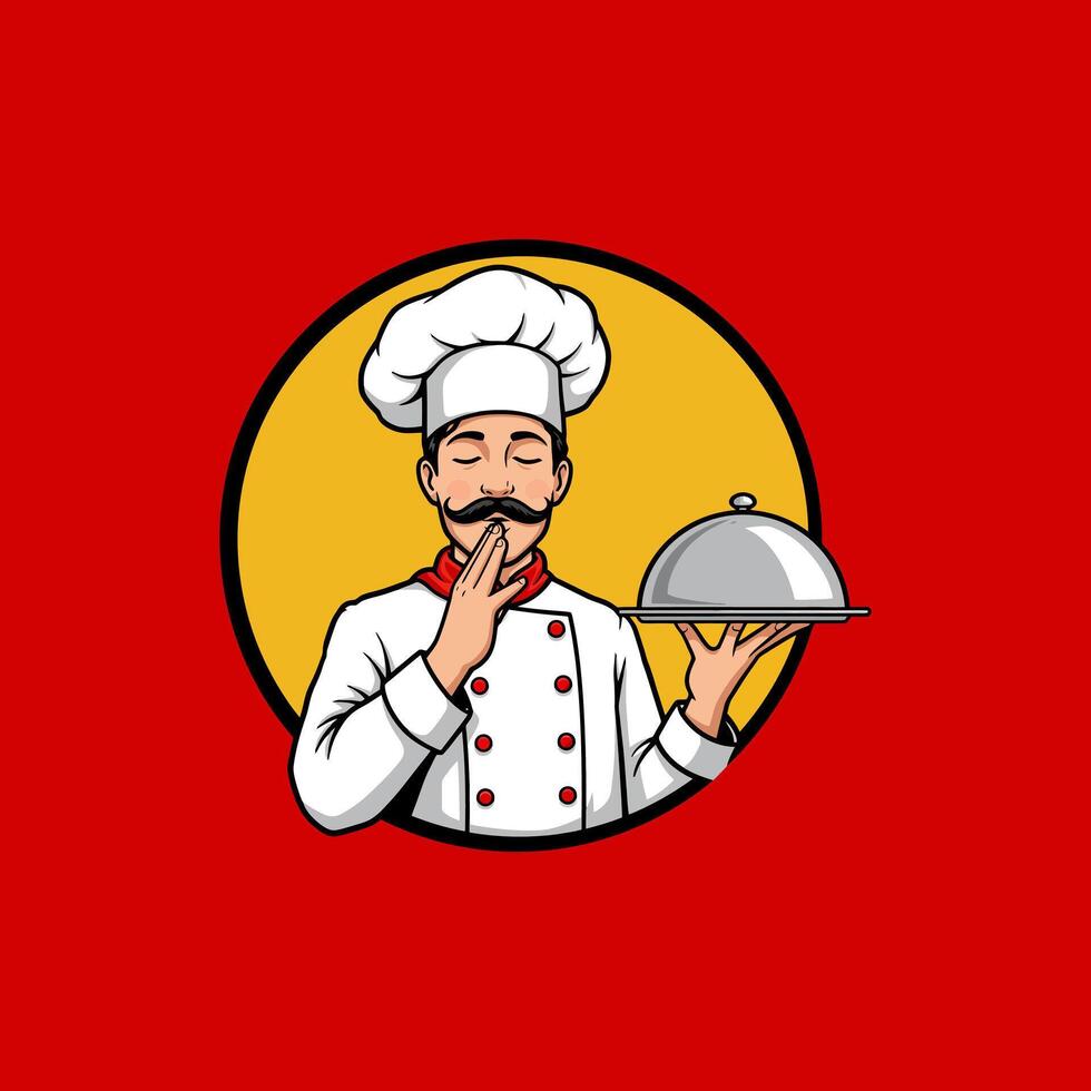 The image depicts a cartoon chef in a white uniform, holding a silver food dome, with a pleased expression. vector