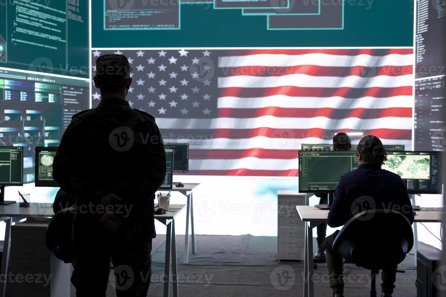 US military man supervising threat detection activity in high tech office, examining top secret data on big screen. Governmental soldiers managing hybrid war, cyber attack prevention. photo