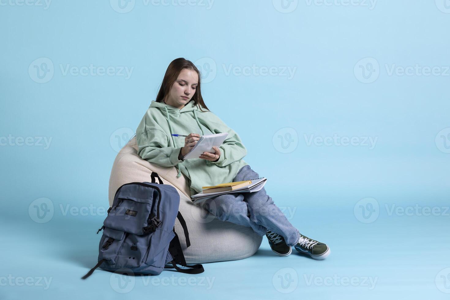 Dutiful young girl sitting on beanbag, reviewing school notes to gain knowledge, studio background. Learner with notepad in arms reading college courses, doing research for exams photo