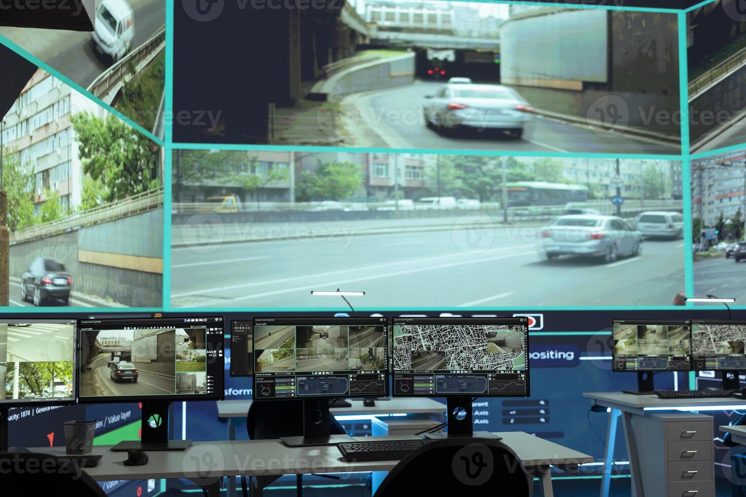 Public security headquarters office with CCTV cameras system and radar across the city, observing traffic through satellite surveillance footage. Reconnaissance monitoring room. photo