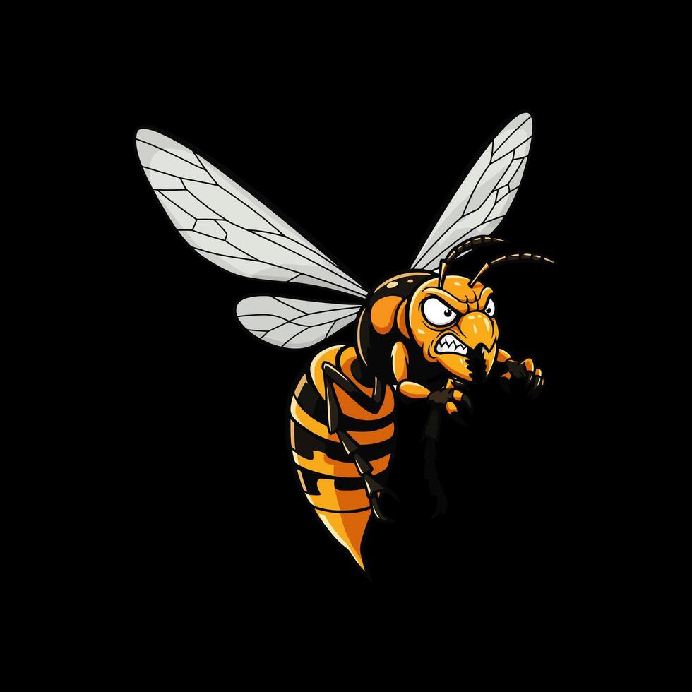 An illustration of an angry cartoon hornet in flight displaying aggressive behavior with its wings spread. vector