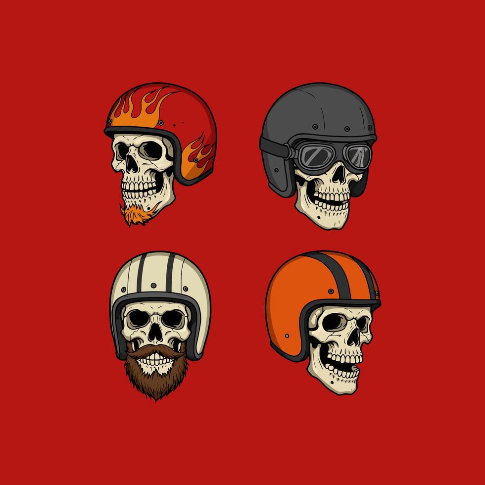 A digital illustration showcases four skulls donning different styles of motorcycle helmets, each with unique facial hair. vector
