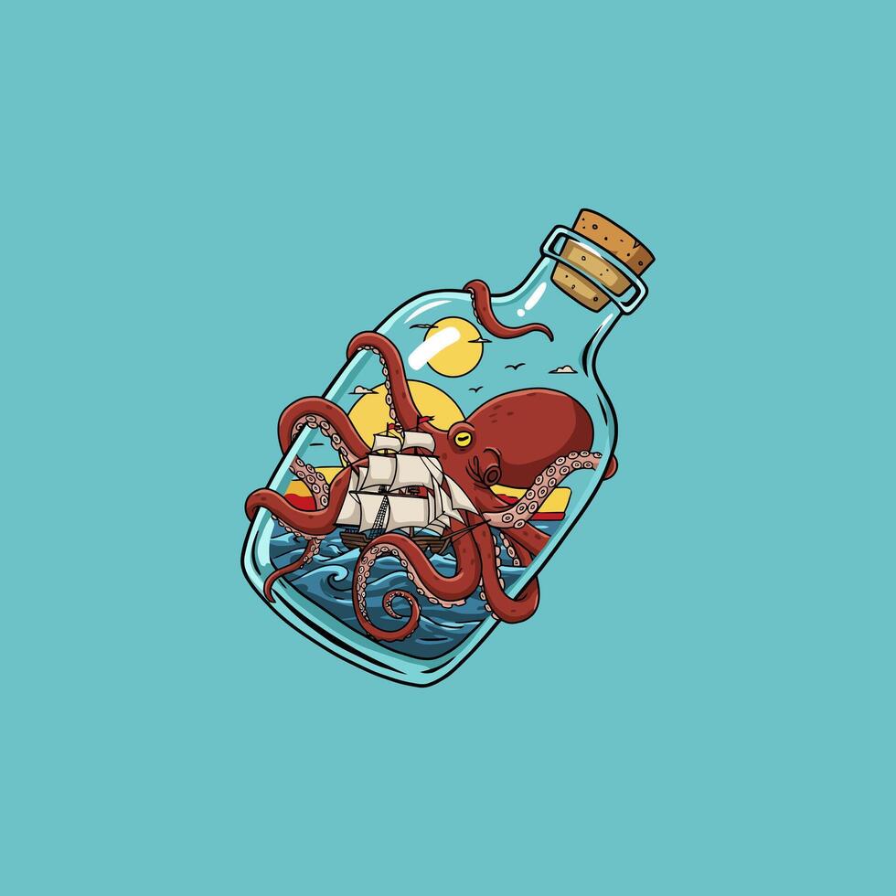 A whimsical illustration depicts a large octopus wrapped around a ship inside a glass bottle against a teal background. vector