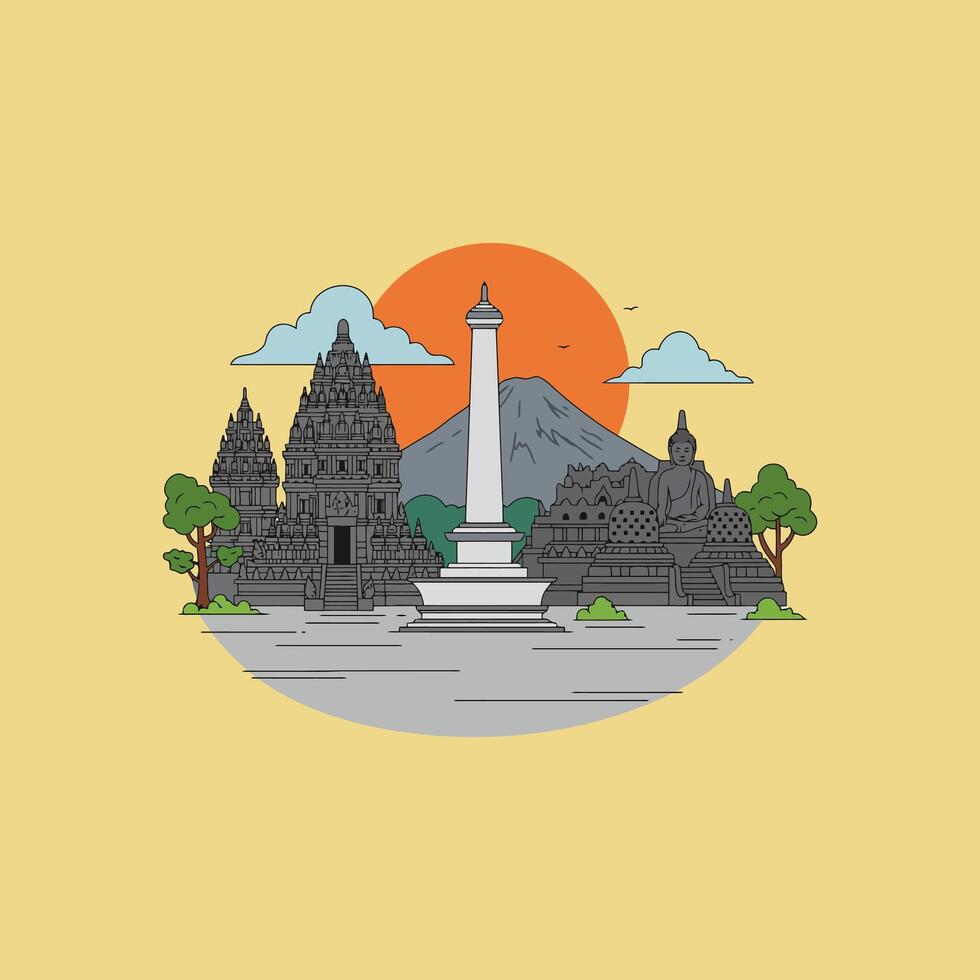 A stylized illustration showcasing iconic Indonesian landmarks including Prambanan Temple, Borobudur Temple, and a Buddha statue against a vibrant sunrise backdrop. vector