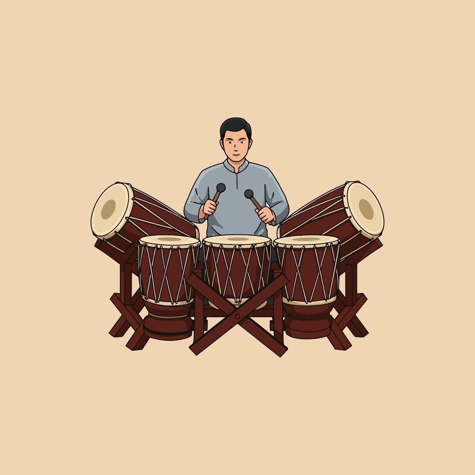 An illustration depicts a man skillfully playing a set of traditional Indonesian gamelan drums. vector