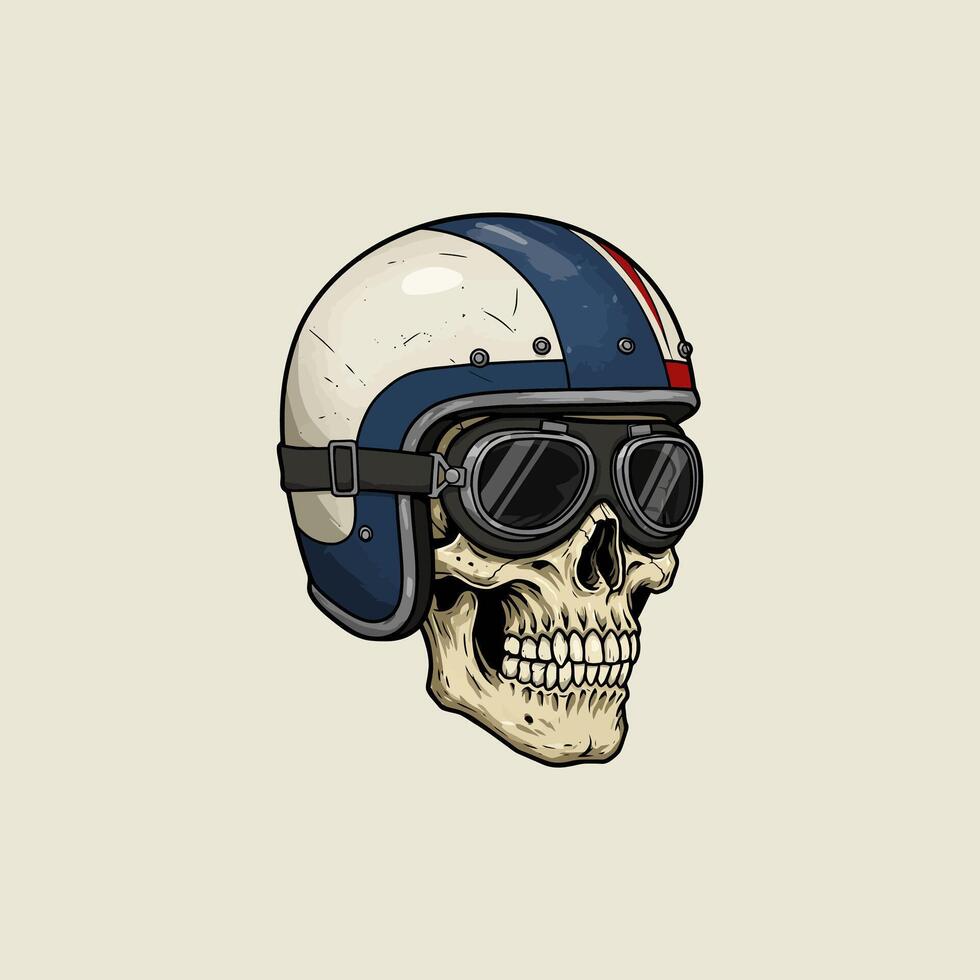A stylized illustration depicts a skull wearing a vintage motorcycle helmet and goggles. vector
