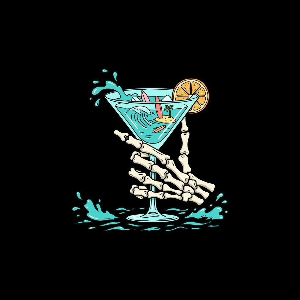 A stylized illustration depicts a skeleton hand gracefully holding a cocktail brimming with ocean waves, surfboards, and a tropical island scene. vector