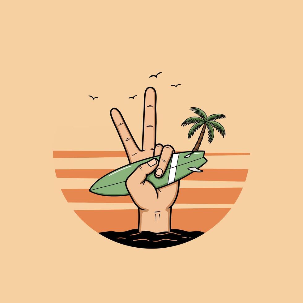 A stylized illustration depicts a hand holding a surfboard forming a peace sign against a sunset backdrop with a palm tree and birds. vector