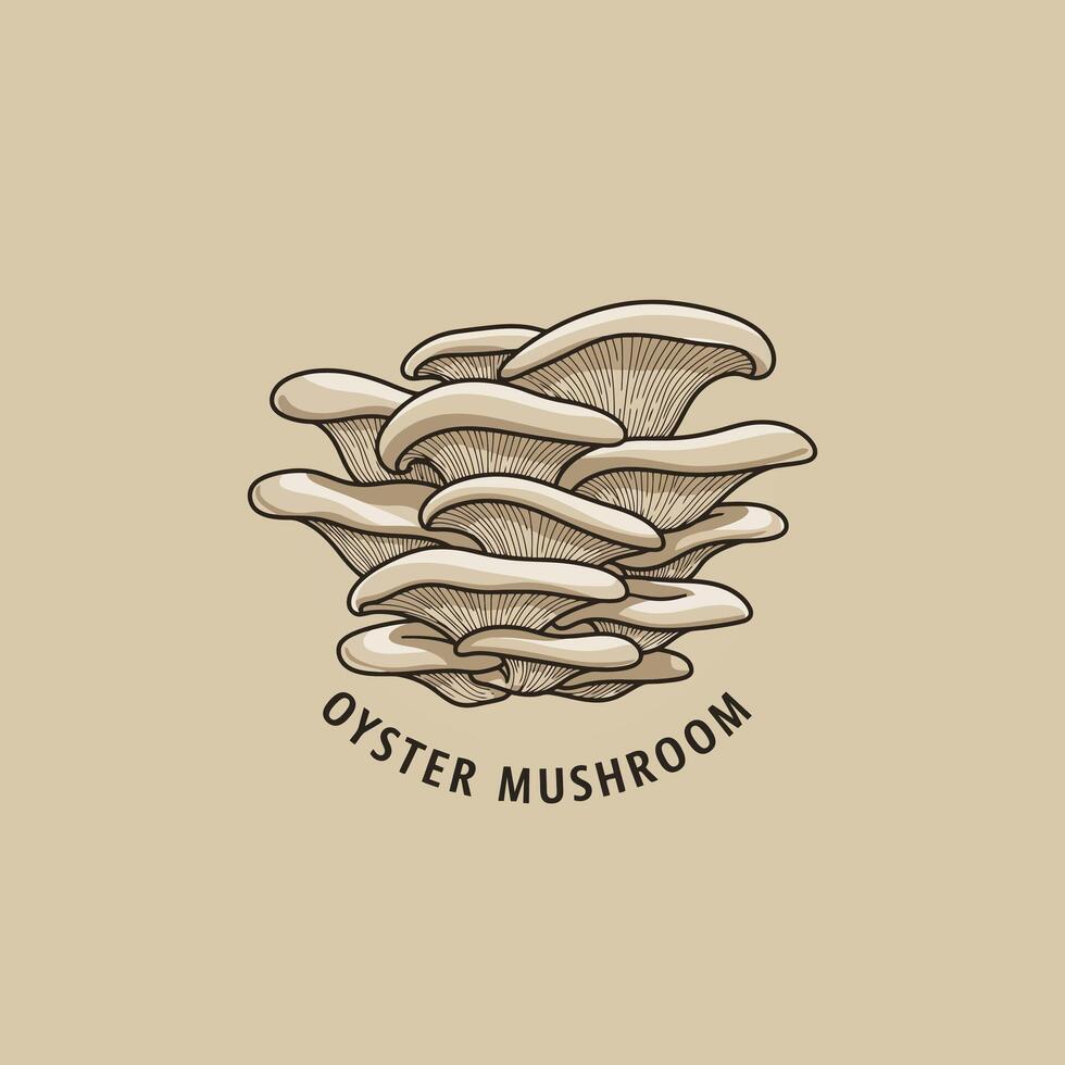 A stylized illustration depicts a cluster of oyster mushrooms, showcasing their shape and texture in a vintage aesthetic. vector