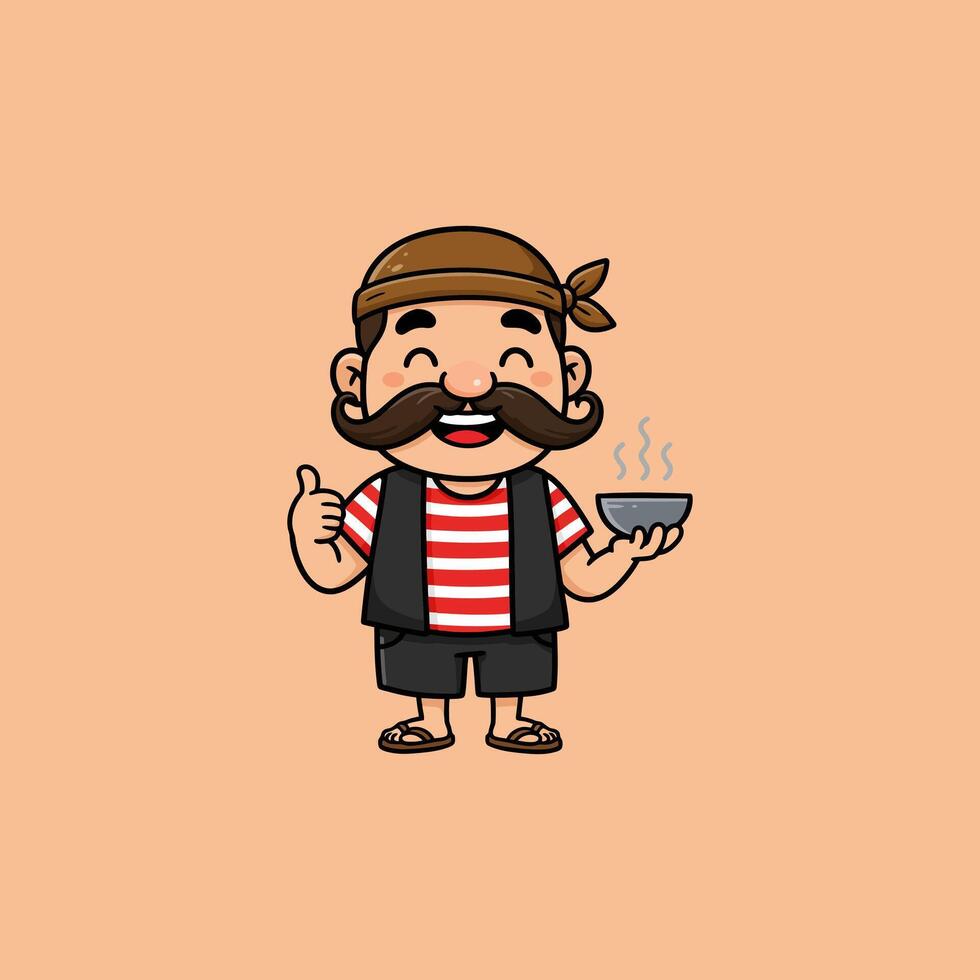 A cheerful cartoon man with a mustache holds a steaming bowl of food and gives a thumbs up. vector