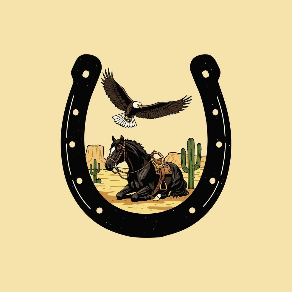 A stylized illustration depicts a horseshoe framing a resting horse and a soaring eagle in a desert landscape. vector