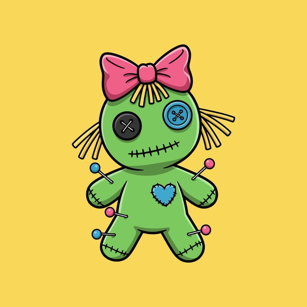 A cute cartoon green voodoo doll with a pink bow, buttons for eyes, and pins sticking out of its body. vector