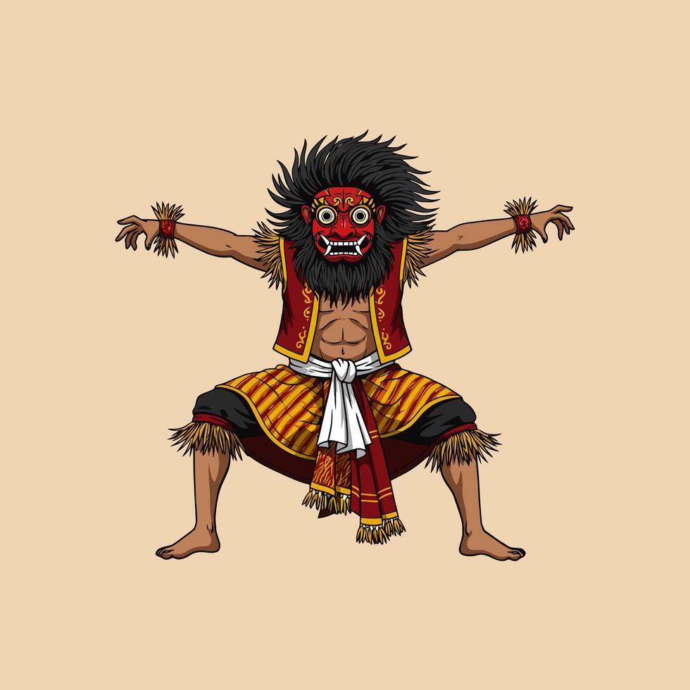 A depiction of a Balinese Barong dancer in a dynamic pose wearing a vibrant traditional costume and mask. vector