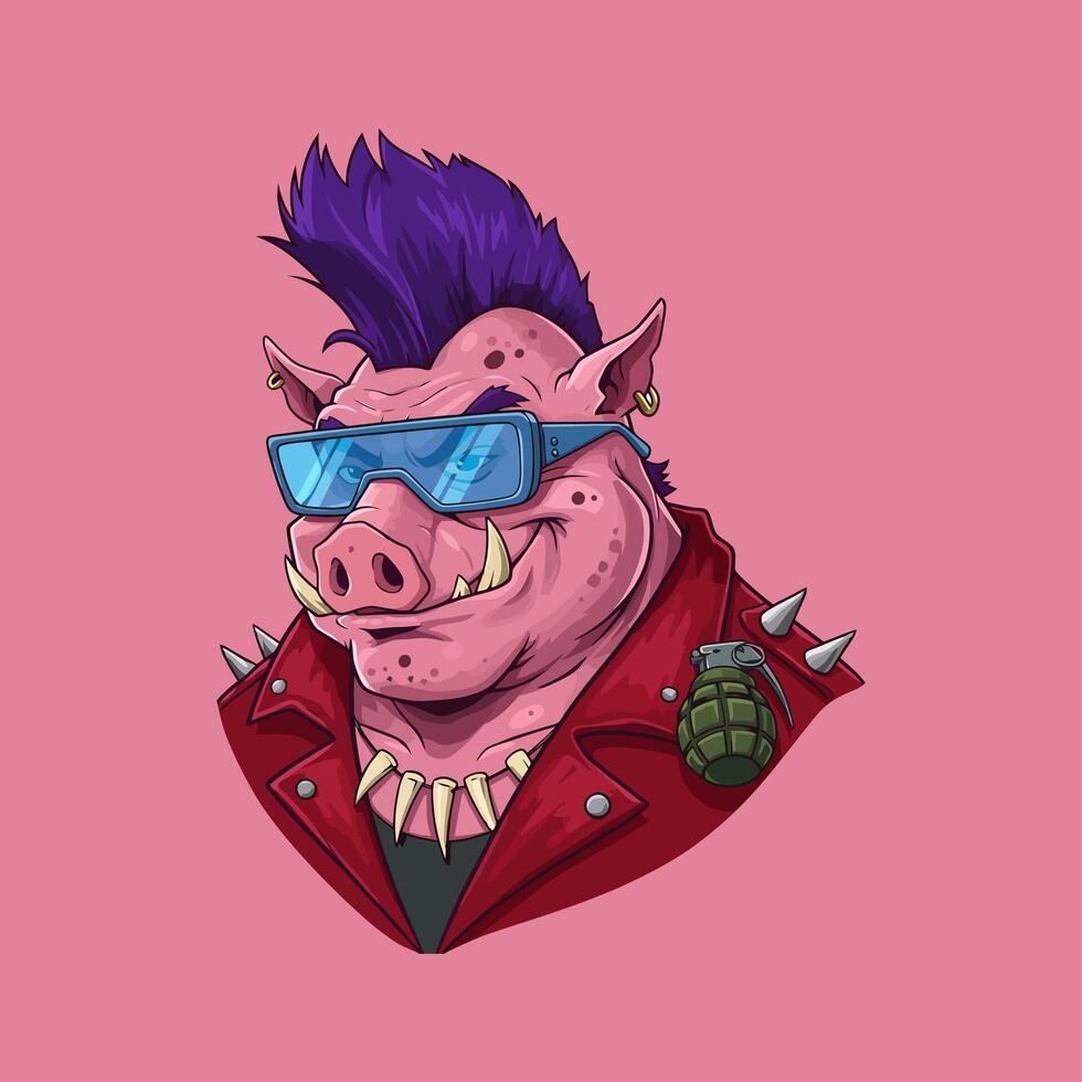 A stylized illustration depicts a tough pink pig with a mohawk, sunglasses, and red studded jacket carrying a grenade. vector