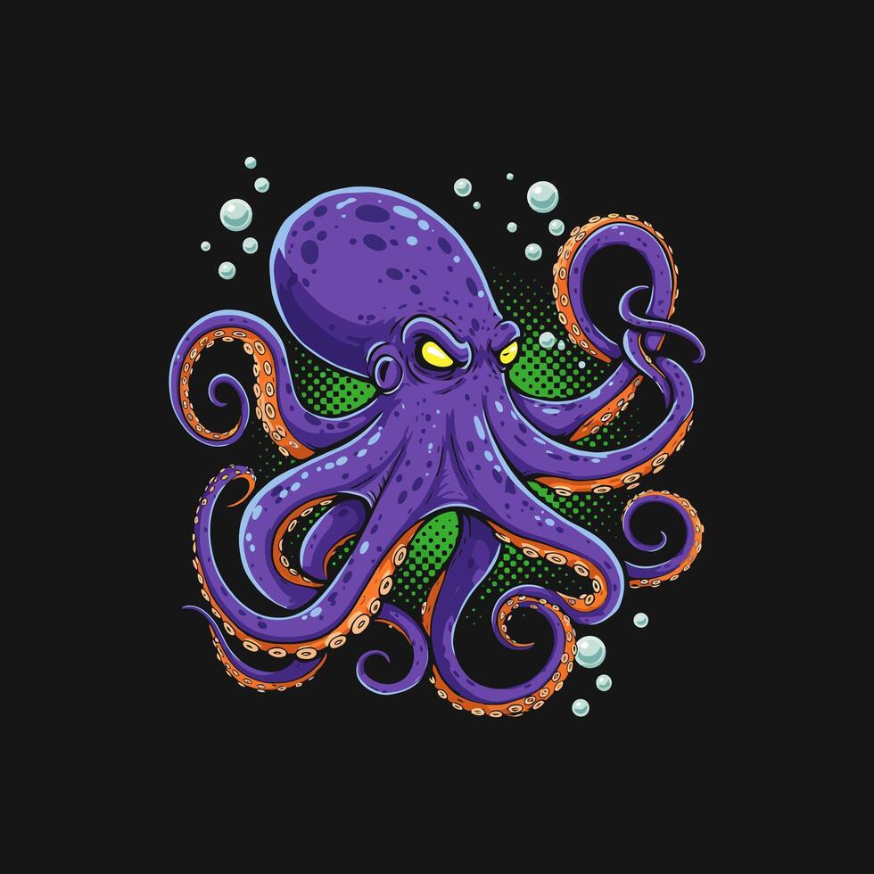 A stylized illustration of a purple octopus with orange tentacles, appearing angry and set against a dark background with bubbles. vector