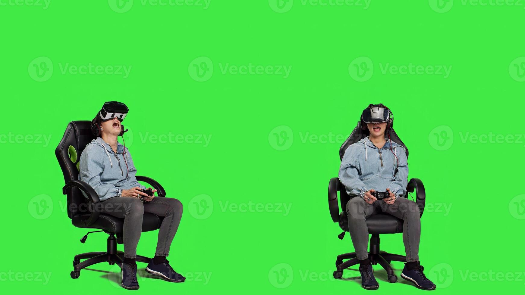 Disappointed player feeling angry about lost tournament online on virtual reality cyberspace, losing gaming championship against greenscreen backdrop. Woman getting furious after failure. Camera A. photo