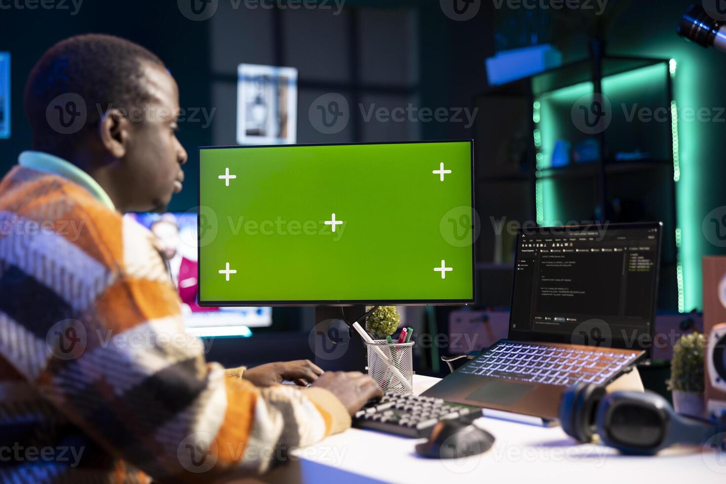 System administrator handling software optimization next to mockup copy space on terminal window, working with IT language to insert html code. Self employed coder managing database security. photo