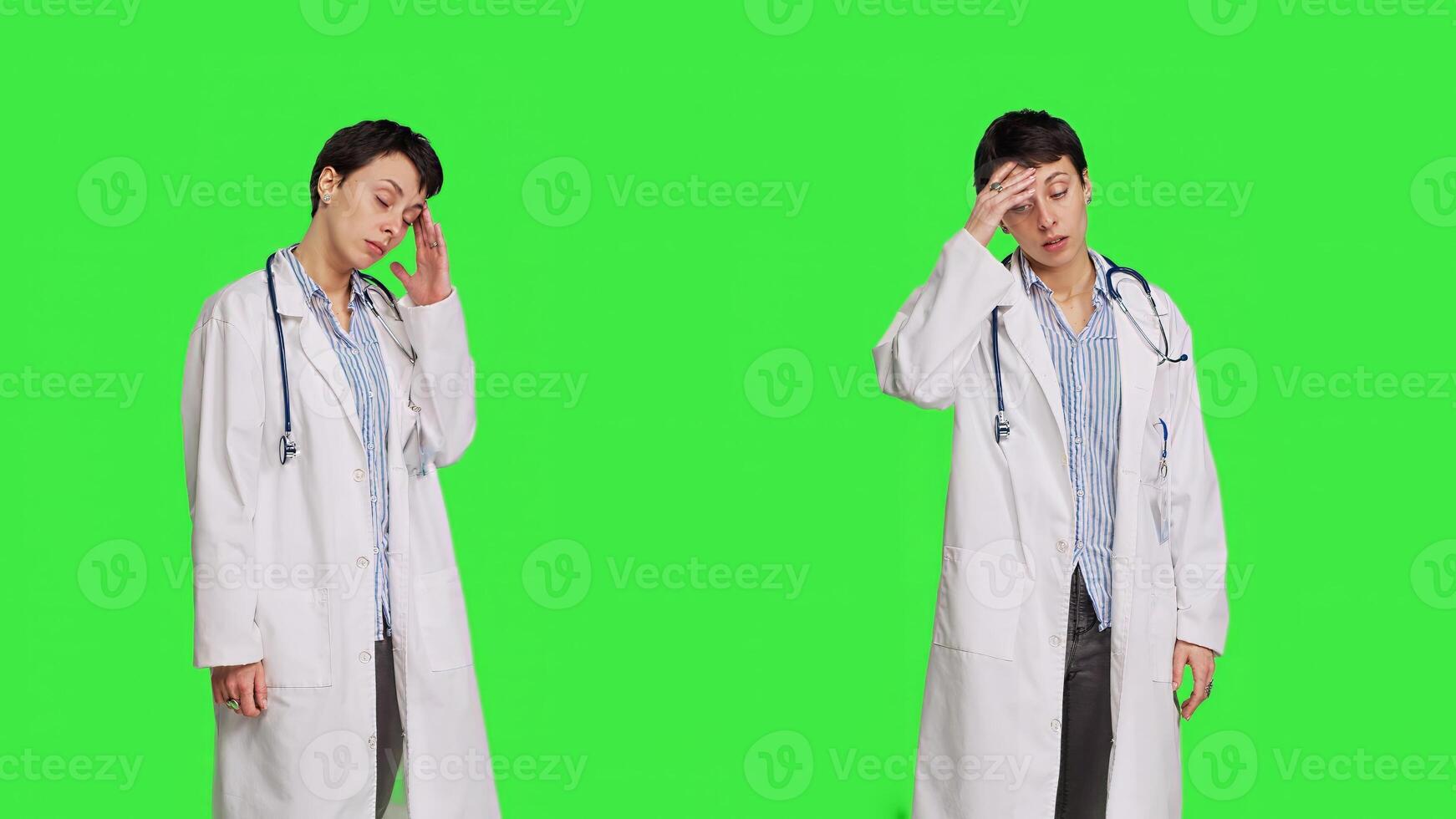 Unhappy medic dealing with a painful migraine against greenscreen backdrop, working in healthcare industry under pressure. Woman physician suffering from a headache, overworked. Camera B. photo