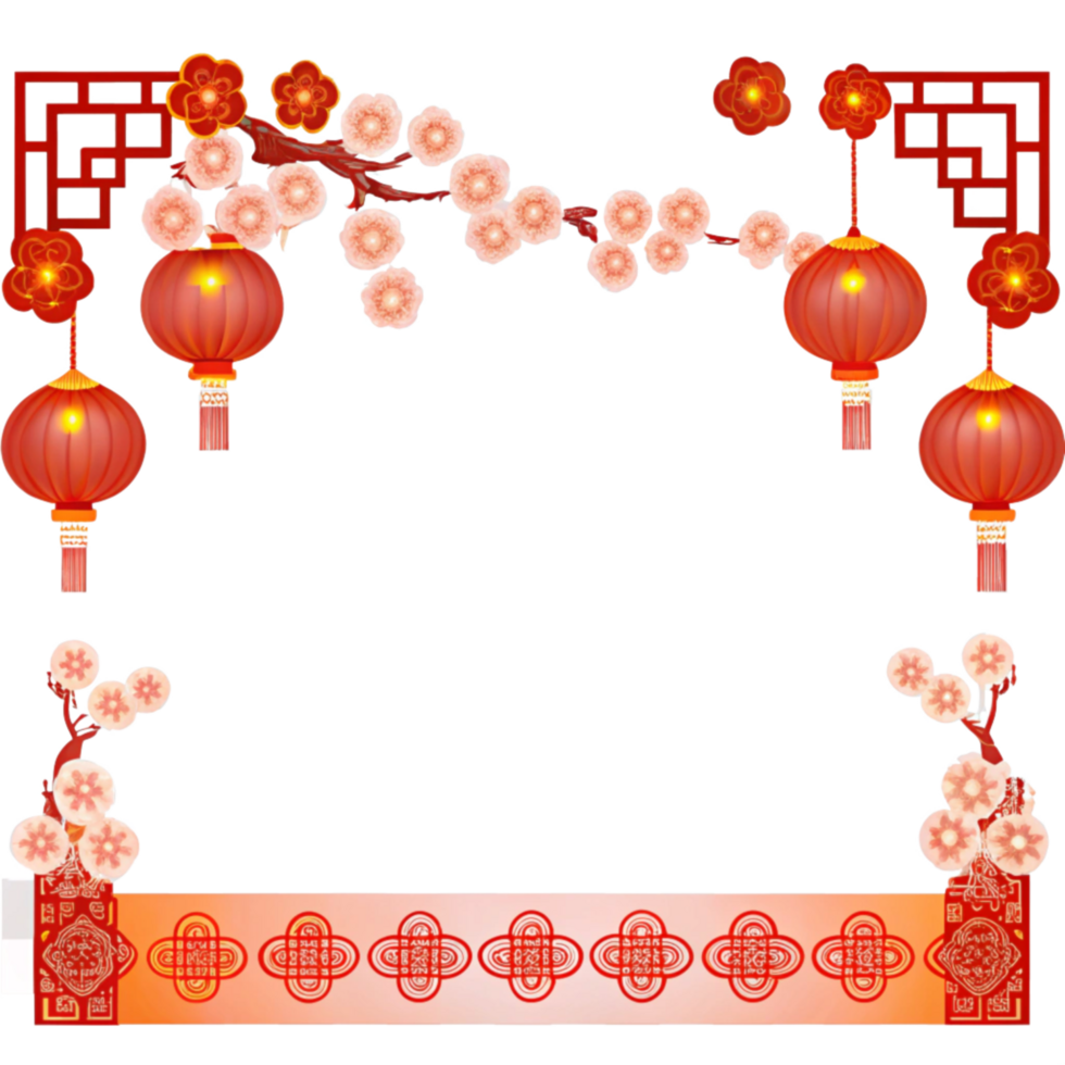 Lunar New Year Border with Lanterns and Cherry Blossoms png