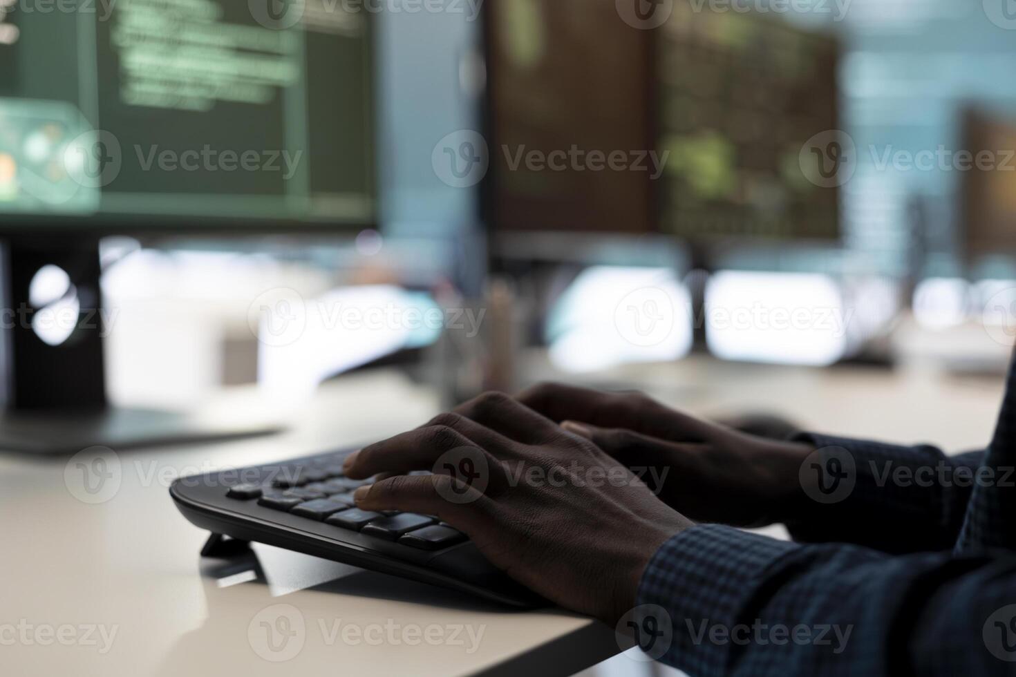 Cyber intelligence team of experts in a governmental hacking room, implementing ways to protect national secrets. Digital security, cyber surveillance and prevention of cyberterrorism. photo