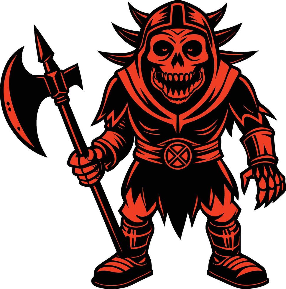 a red and black skull with an axe vector