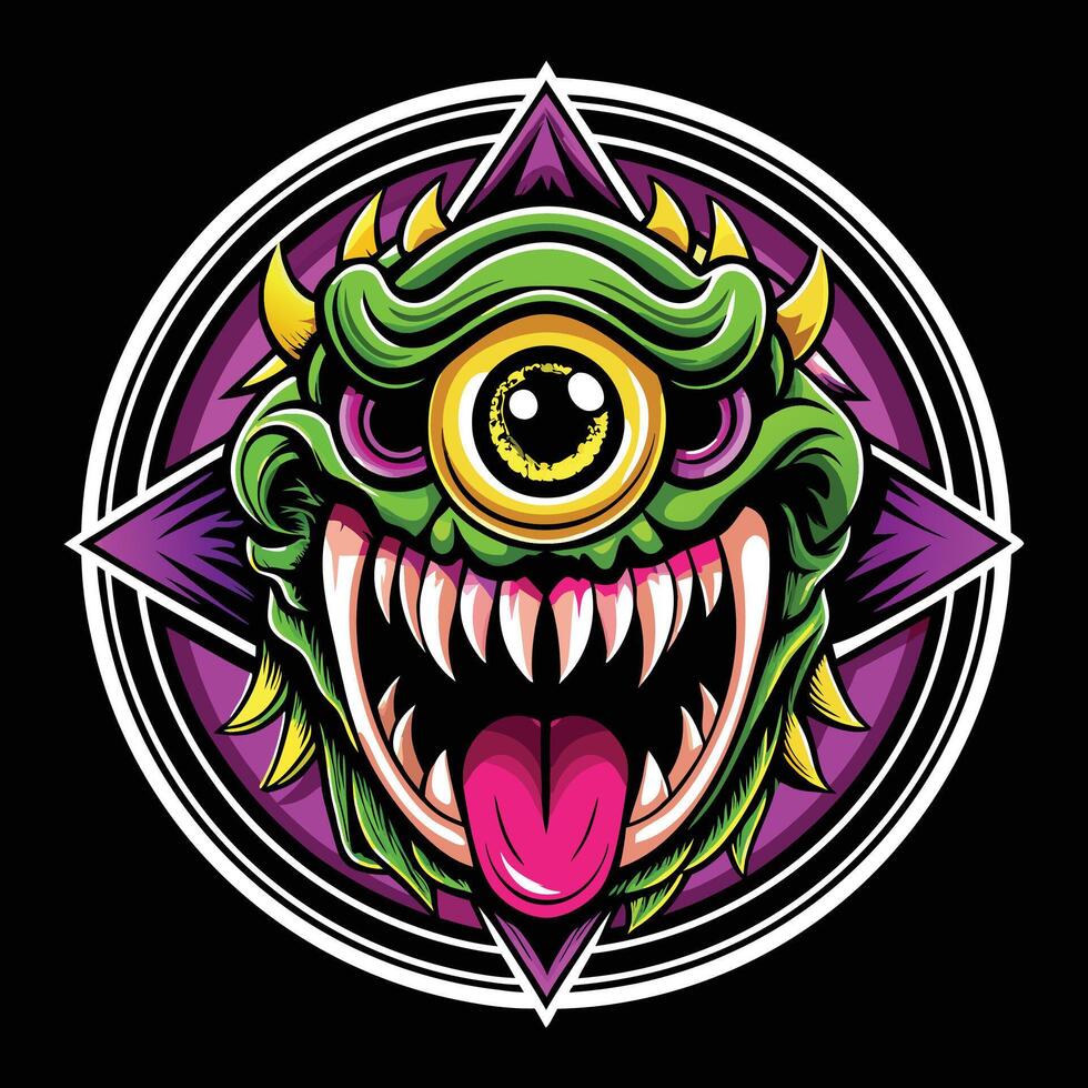 Cute cartoon monster with horns with one eye. Smiling monster emotion with big mouth, design monster vector