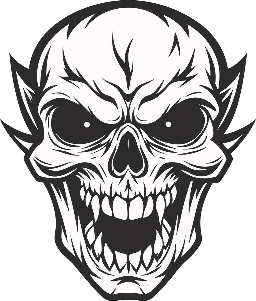 a black and white illustration of a skull with fangs vector