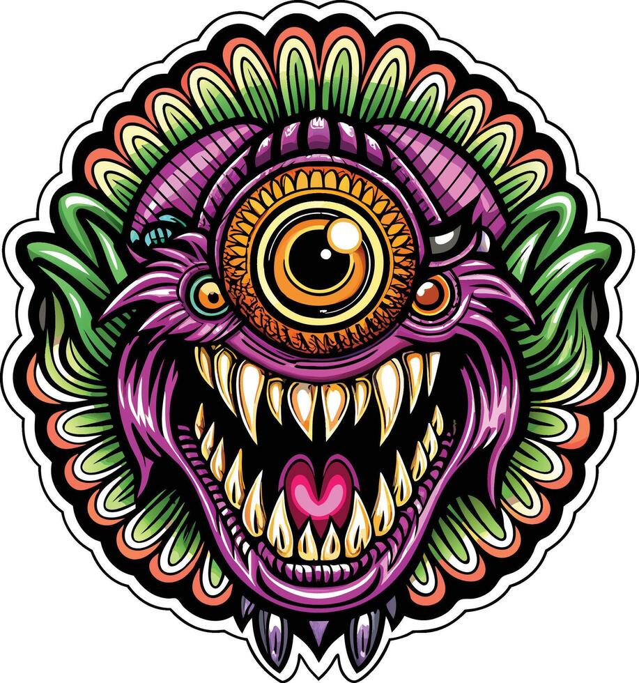 Cute cartoon monster with horns with one eye. Smiling monster emotion with big mouth angry monster vector