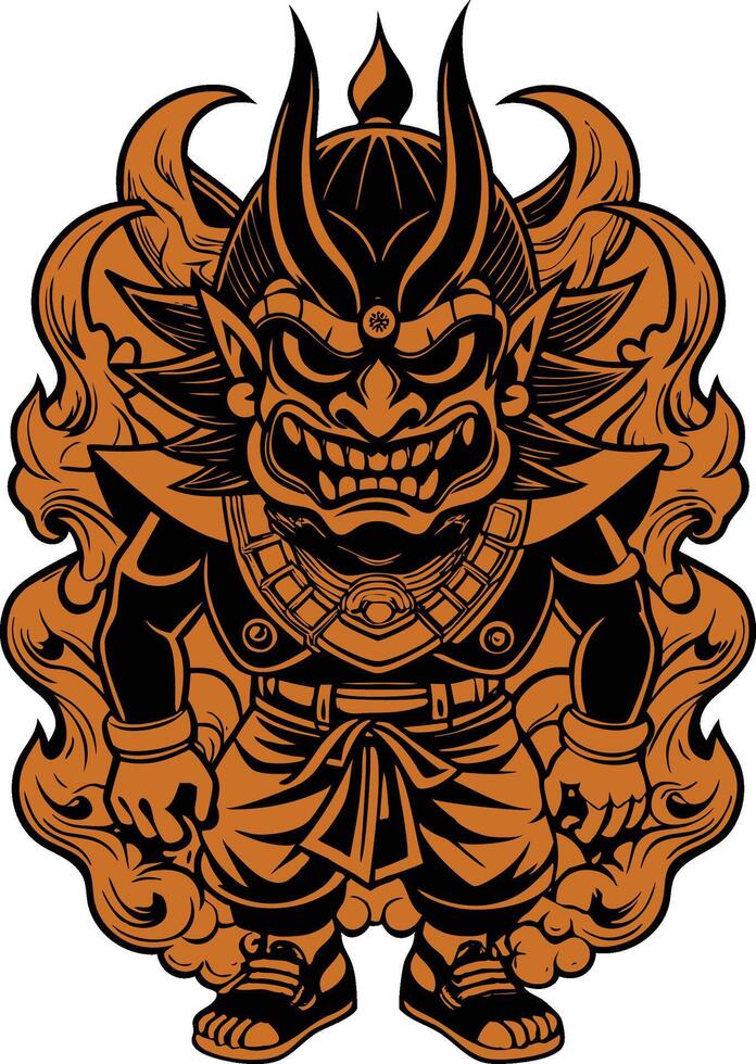 a cartoon demon with a large head and a black and orange background vector
