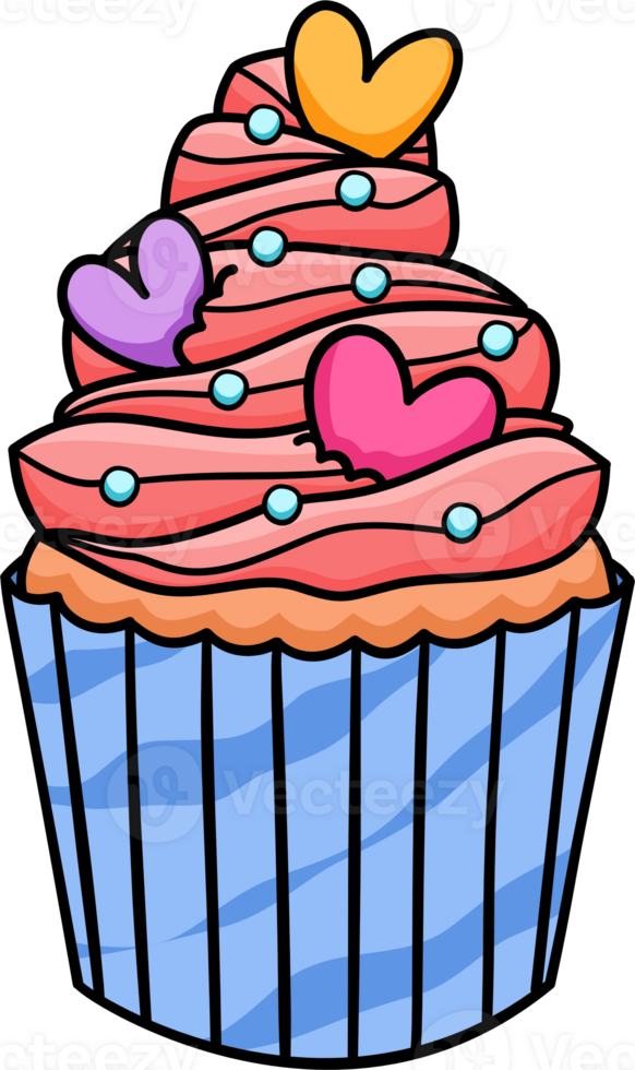 Cute cupcake with hearts for valentines illustration by hand drawn. png
