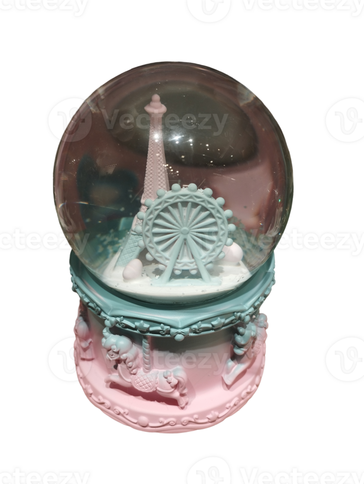 miniature of eiffel tower and ferris wheel inside of pink and teal color of snow ball png