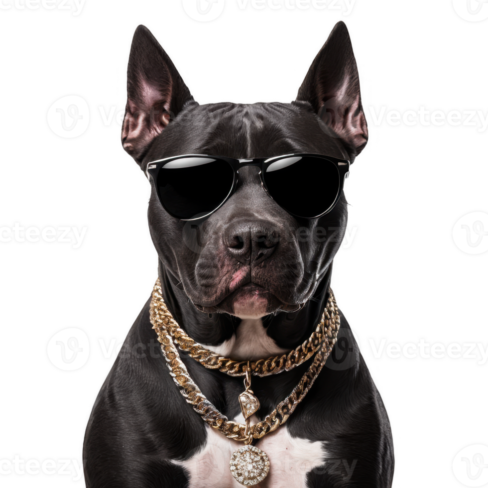 Dog wearing sunglasses and multiple chains necklace png