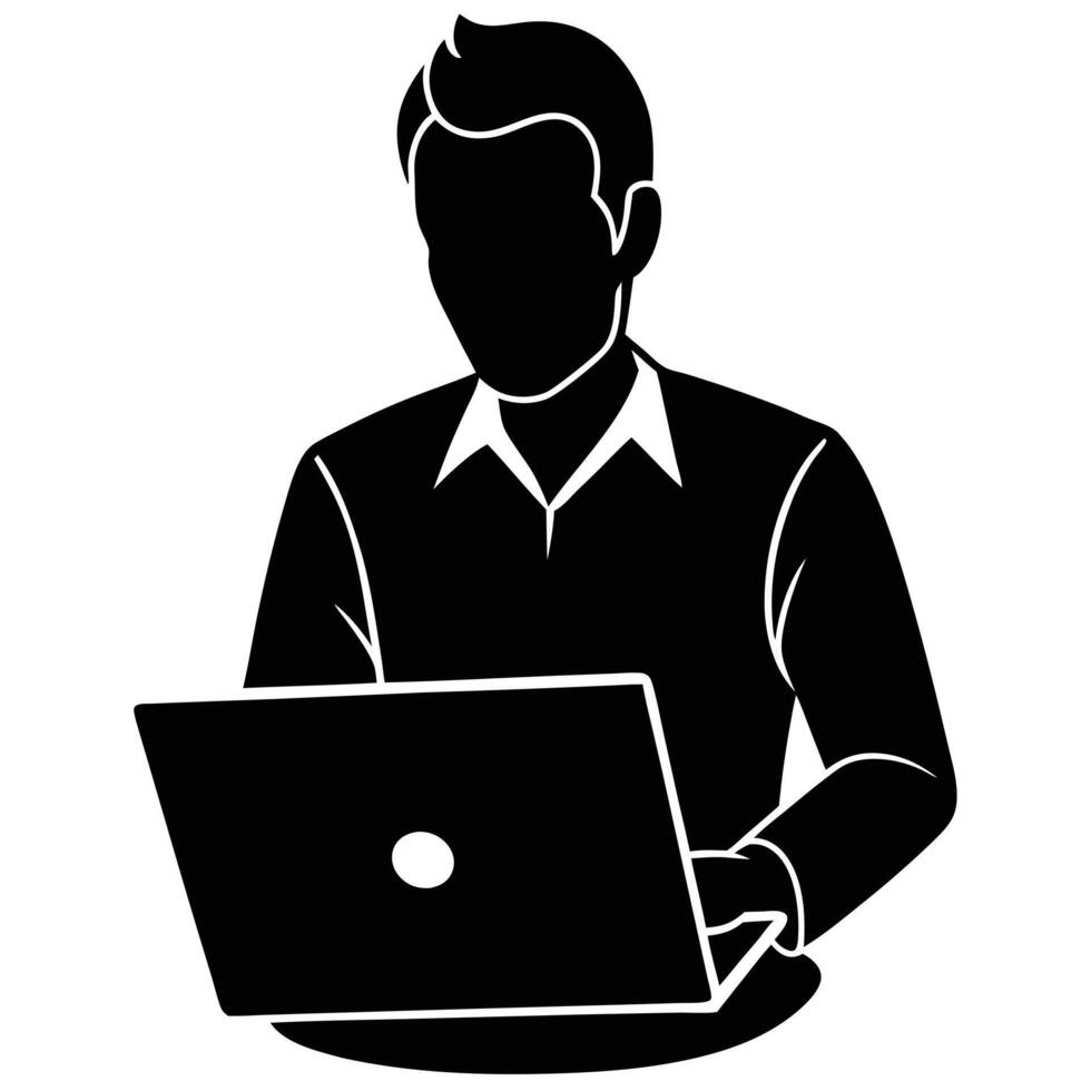Man on Laptop Silhouette Isolated on White vector