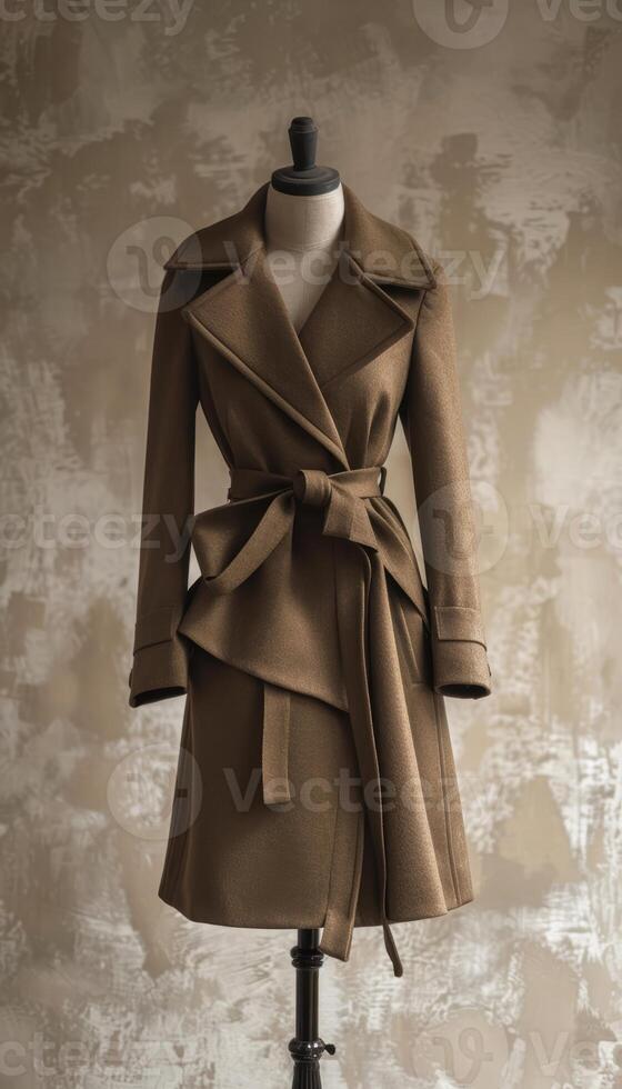 Elegant Mocha Mousse Luxury Coat in Spotlight for Fashion Design and Display Art photo