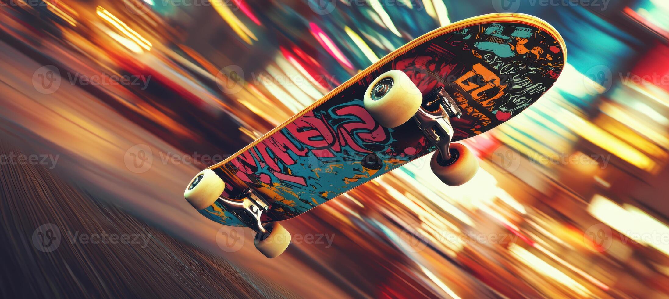 Bold Urban Sticker Mockup on Skateboard Deck in Dynamic City Setting photo