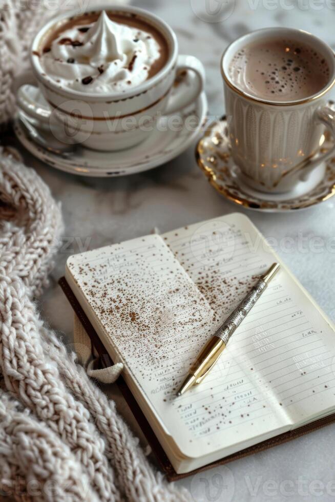 Cozy Coffee Break with Mocha Mousse and Open Journal on a Relaxing Cafe Table Setting photo