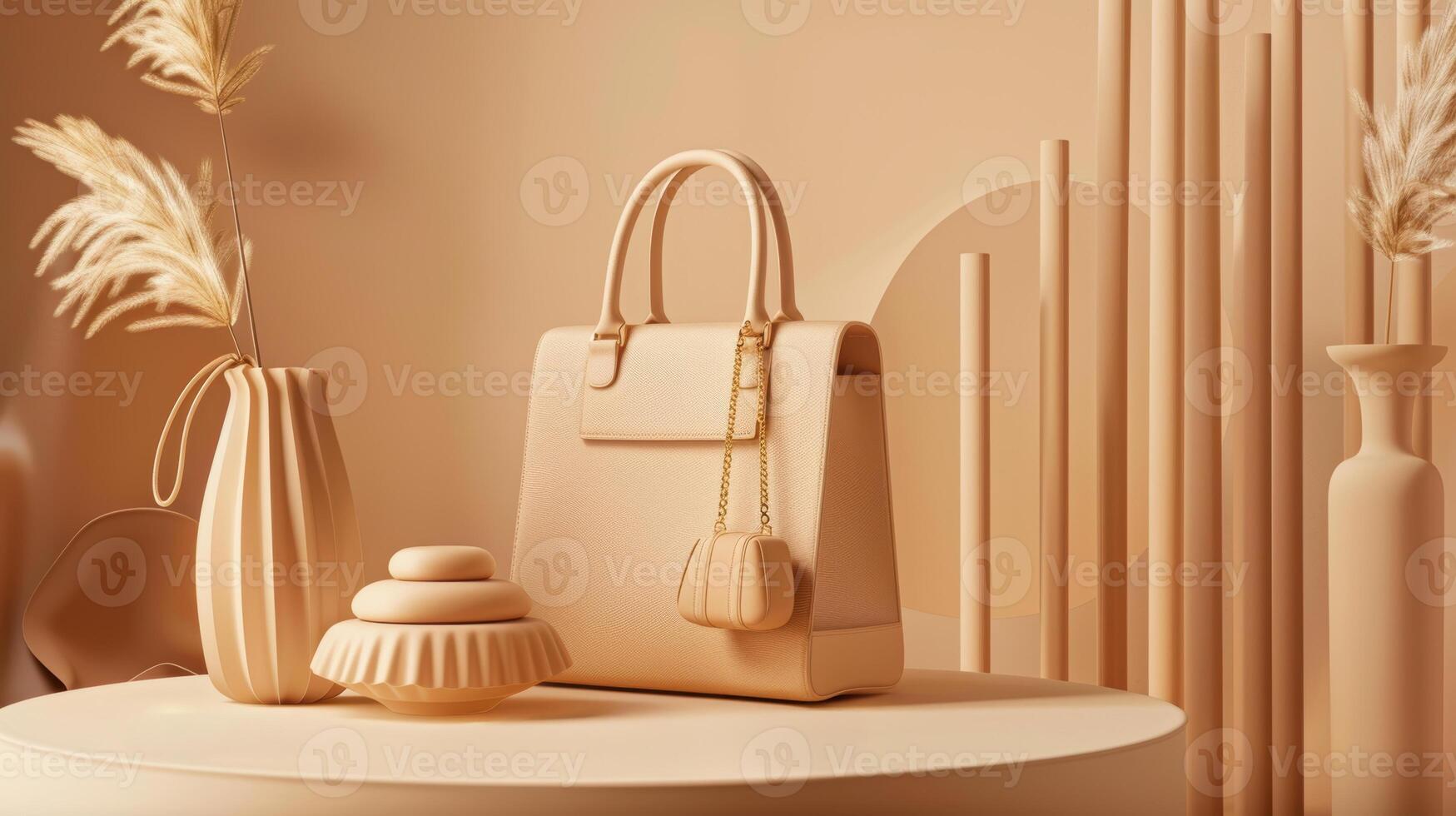 Chic E-Commerce Banner Featuring Mocha Mousse Handbags with Gold Accessories for Minimalist Design photo