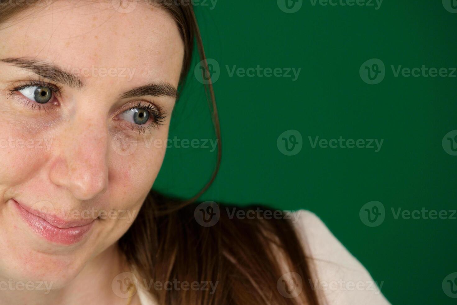 Closeup photo of amazing short hairdo lady looking up empty space deep thinking creative person arm on chin wear casual green turtleneck isolated yellow color background