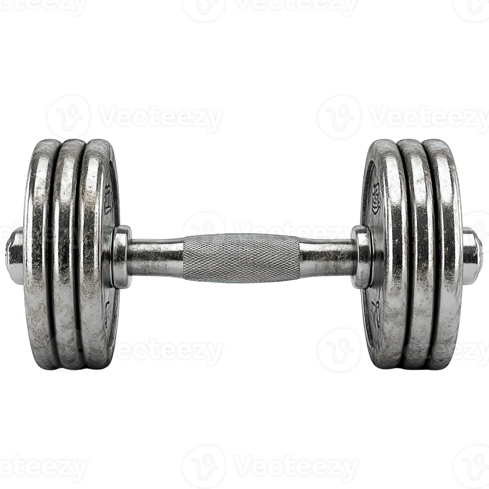 Close-Up of a Dumbbell with Textured Grip and Reflective Metal Plates Isolated on Transparent Background png